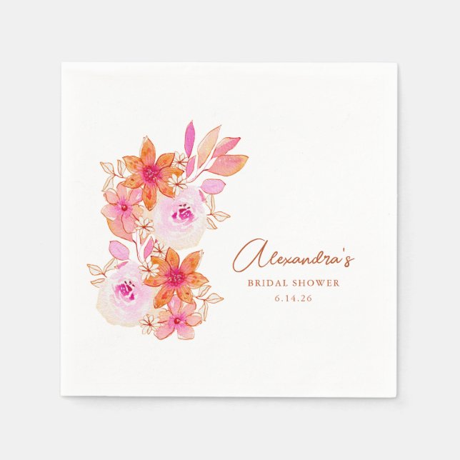 Boho Pink Orange Flowers Bridal Shower Custom Napkins (Front)