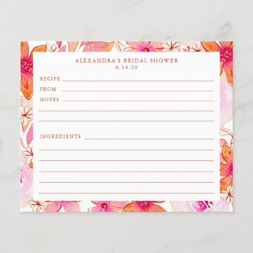 Boho Pink Orange Flowers Bridal Shower Recipe Card