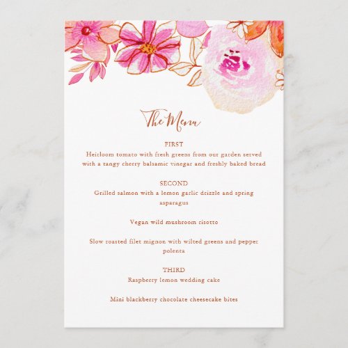 Boho Pink Orange Flowers Custom Wedding Menu