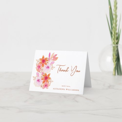 Boho Pink Orange Flowers Shower Custom Folded  Thank You Card