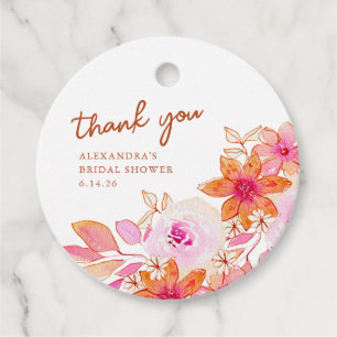 Boho Pink Orange Flowers Shower Thank You Favor Tags