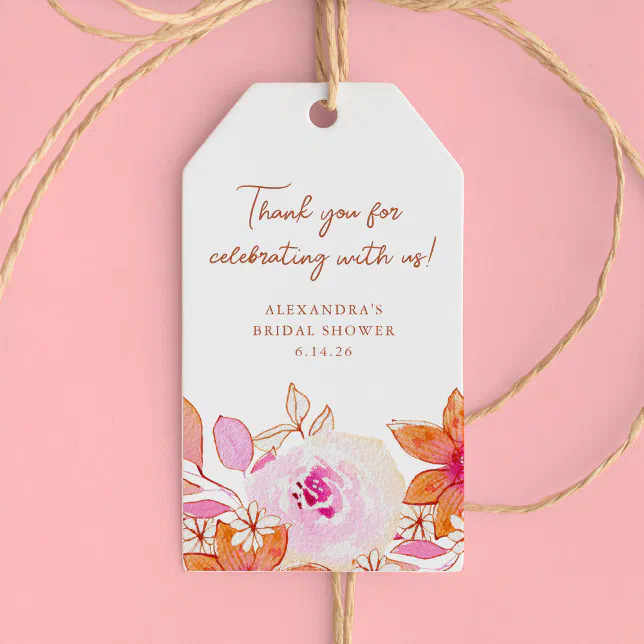 Boho Pink Orange Flowers Shower Thank You Gift Tags | Zazzle