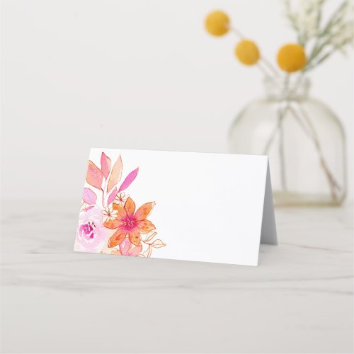 Boho Pink Orange Flowers Wedding Blank Place Card