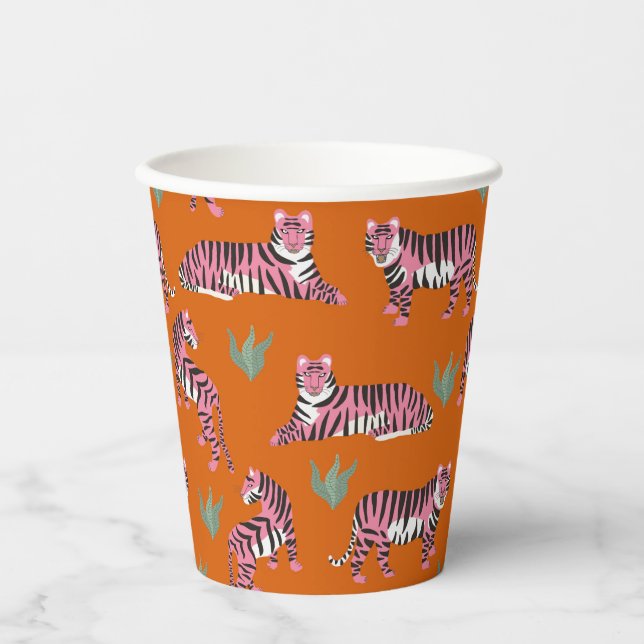 Boho Pink Orange Jungle Tiger Animal Pattern  Paper Cups (Front)