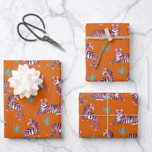 Boho Pink Orange Jungle Tiger Animal Pattern Wrapping Paper Sheets