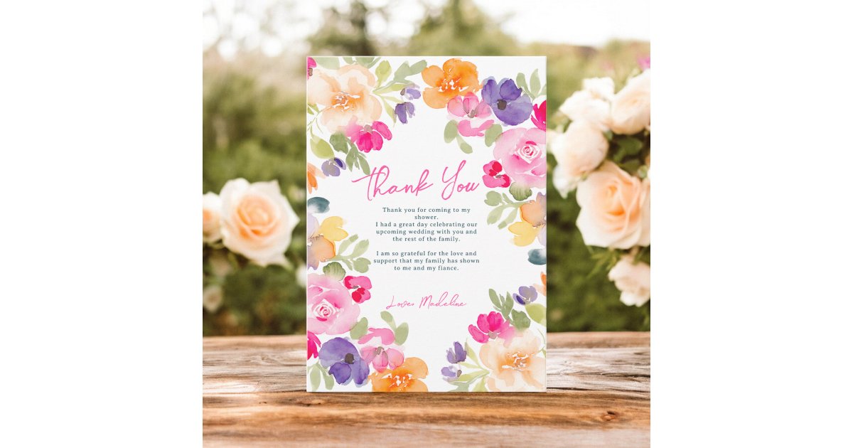 Boho pink orange summer floral bridal shower thank you card | Zazzle