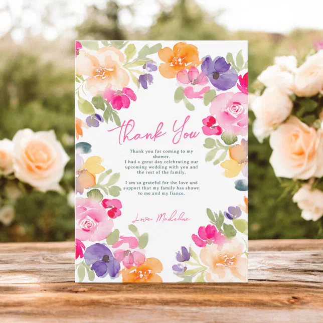 Boho pink orange summer floral bridal shower thank you card | Zazzle