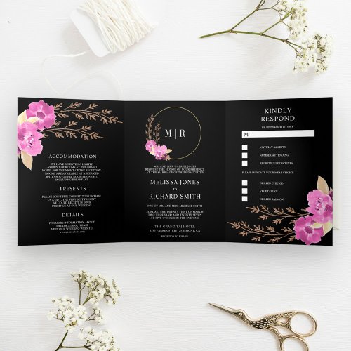 Boho Pink Orchid Floral All In One Black Wedding Tri_Fold Invitation