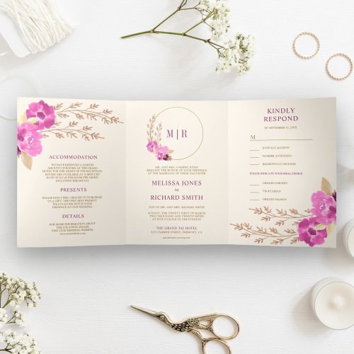 Boho Pink Orchid Floral All In One Ivory Wedding Tri_Fold Invitation