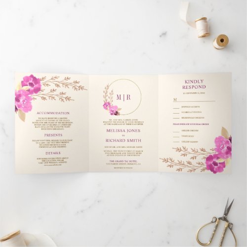 Boho Pink Orchid Floral All In One Ivory Wedding Tri_Fold Invitation