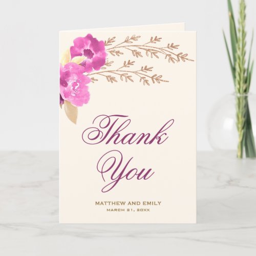 Boho Pink Orchid Floral Ivory Wedding Thank You Card