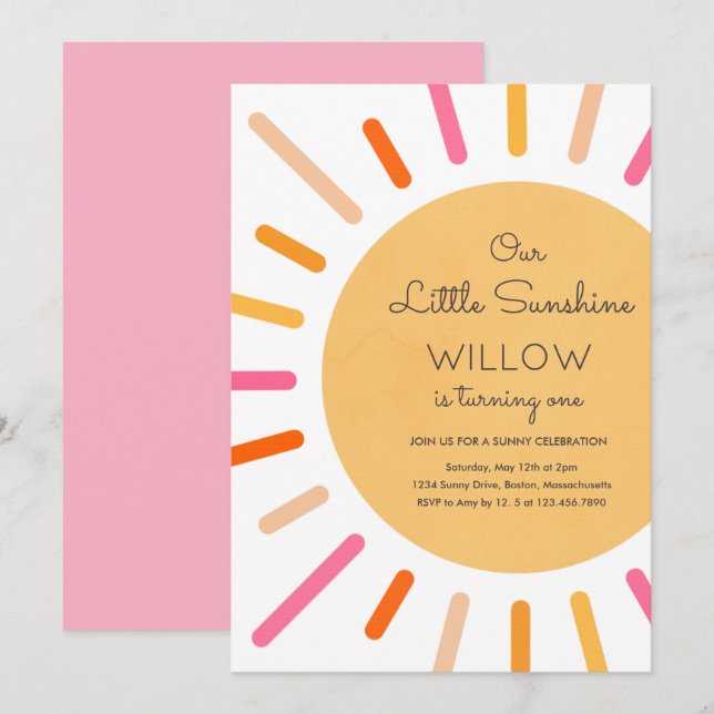 Boho Pink Our Little Sunshine Birthday Party Invitation (Front/Back)