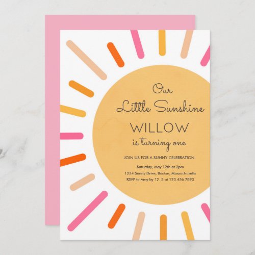 Boho Pink Our Little Sunshine Birthday Party Invitation