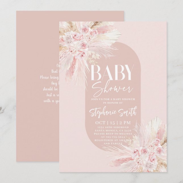Boho Pink Pampas Baby Shower Girl Invitation (Front/Back)