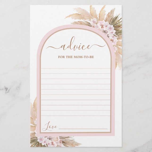 Boho Pink Pampas Grass Advice for Mom To Be card (Front)
