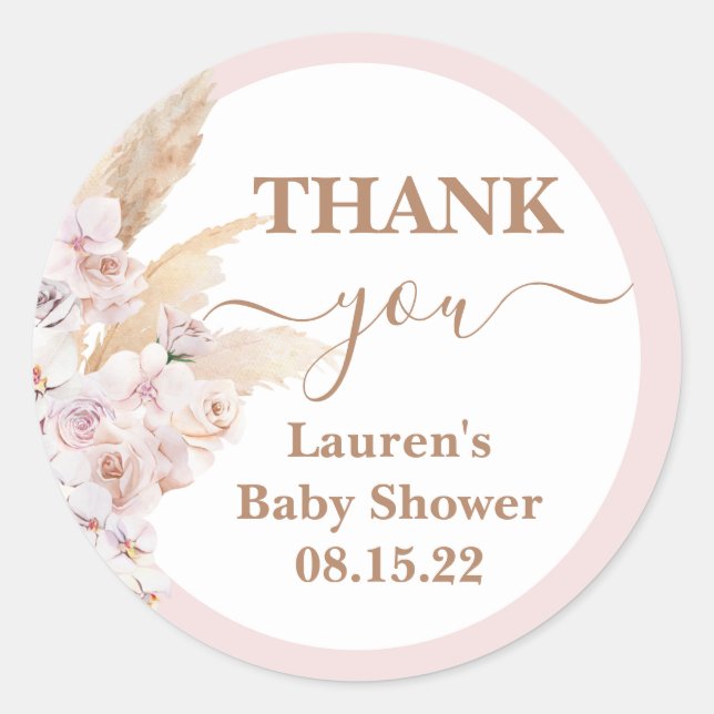 Boho Pink Pampas Grass Baby Shower Round Sticker (Front)