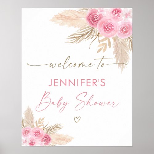 Boho Pink Pampas Grass Baby Shower Welcome Poster