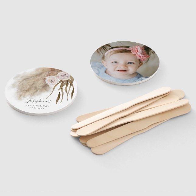 Boho Pink Pampas Grass Birthday Photo Hand Fan (Non-assembled)