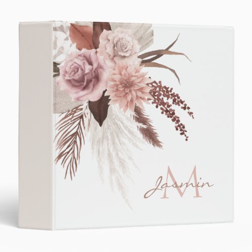 Boho Pink Pampas Grass Dried Flowers Monogram 3 Ring Binder