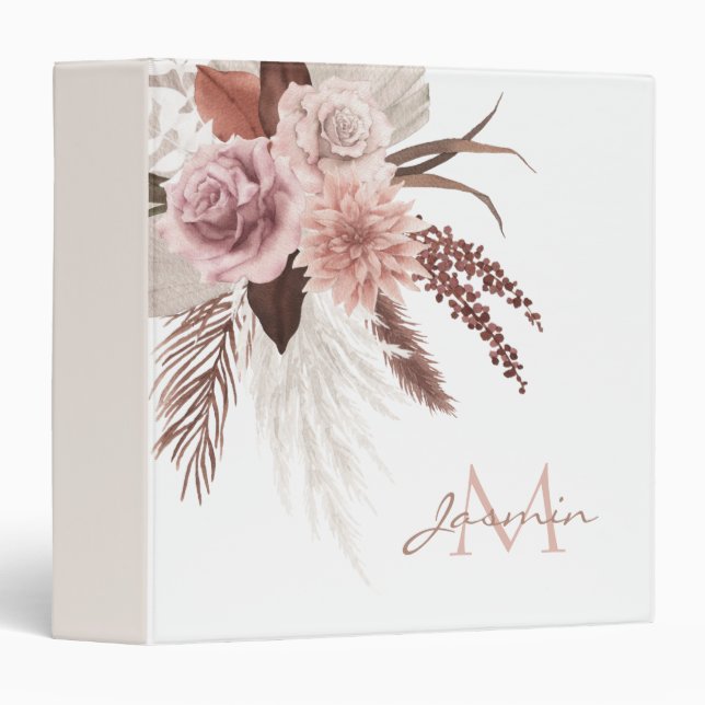 Boho Pink Pampas Grass Dried Flowers Monogram 3 Ring Binder (Front/Spine)