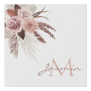 Boho Pink Pampas Grass Dried Flowers Monogram Faux Canvas Print