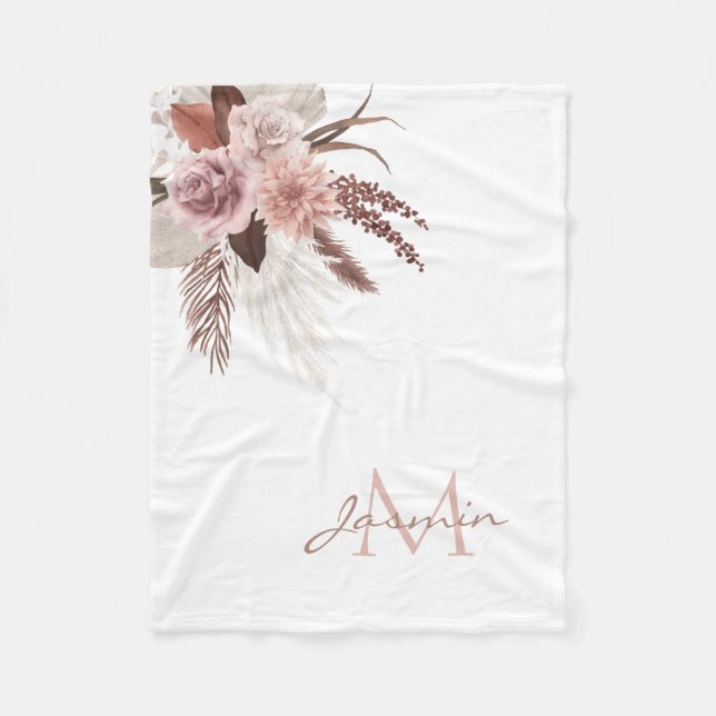 Boho Pink Pampas Grass Dried Flowers Monogram Fleece Blanket (Front)