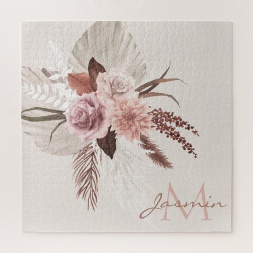 Boho Pink Pampas Grass Dried Flowers Monogram Jigsaw Puzzle