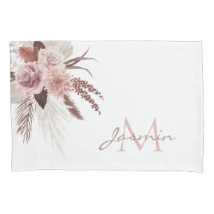Boho Pink Pampas Grass Dried Flowers Monogram Pillow Case