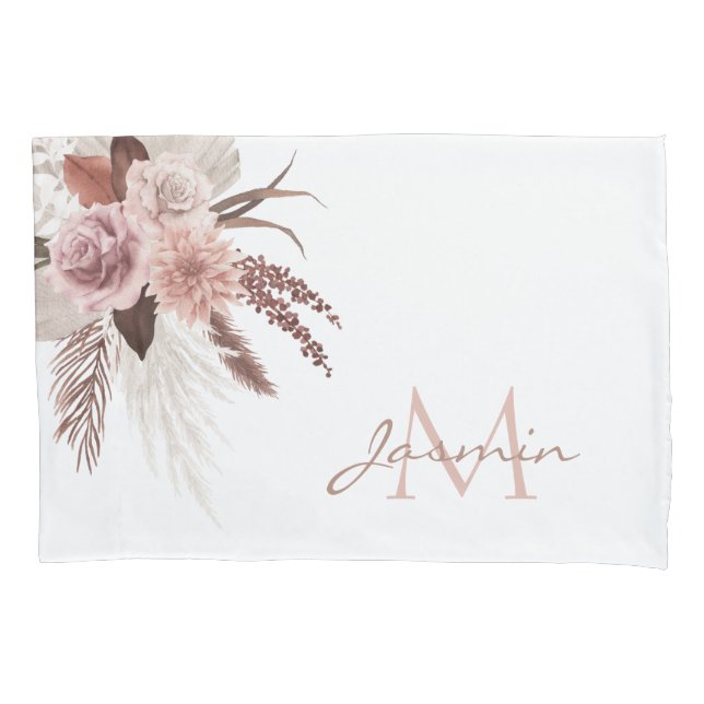 Boho Pink Pampas Grass Dried Flowers Monogram Pillow Case (Front)