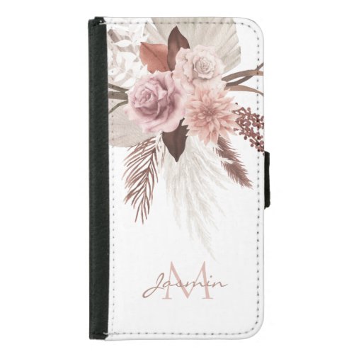 Boho Pink Pampas Grass Dried Flowers Monogram Samsung Galaxy S5 Wallet Case