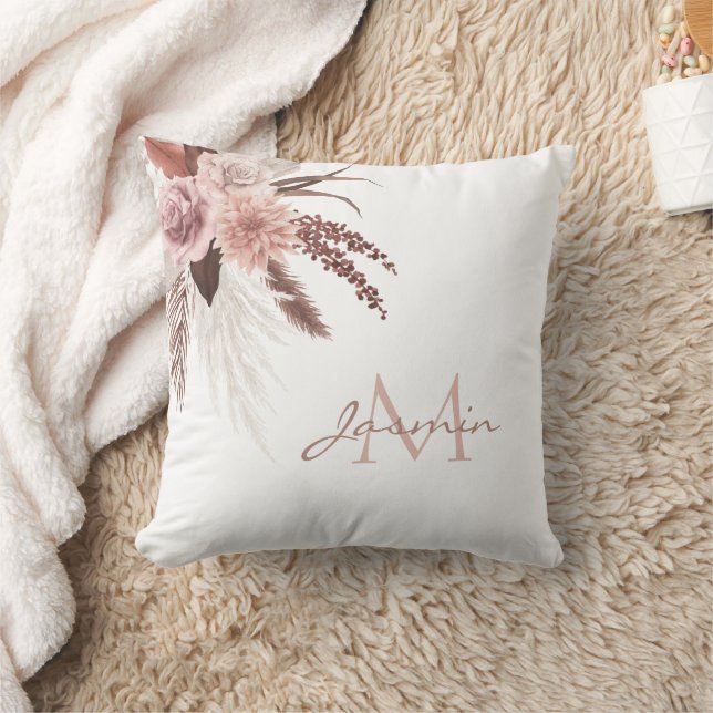 Boho Pink Pampas Grass Dried Flowers Monogram Throw Pillow (Blanket)