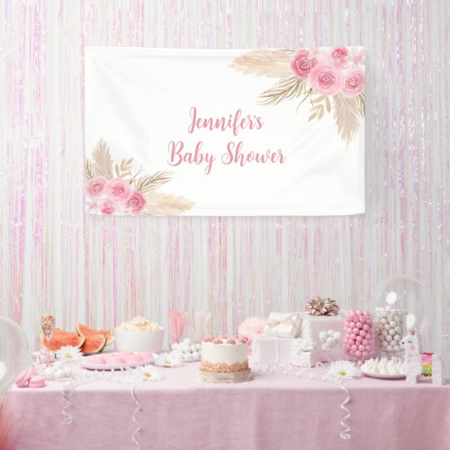 Boho Pink Pampas Grass Floral Baby Shower Banner