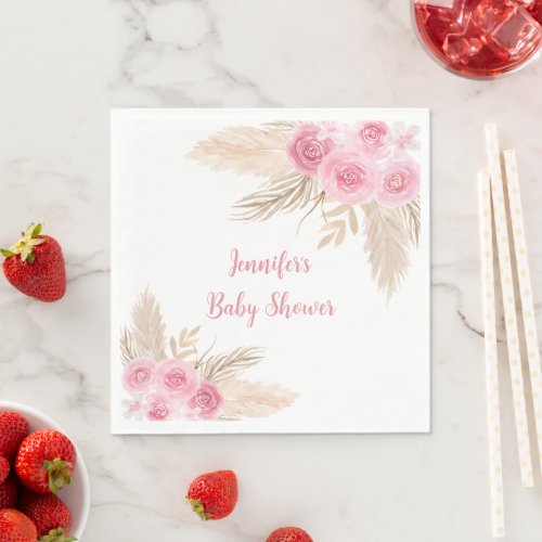 Boho Pink Pampas Grass Floral Baby Shower Napkins