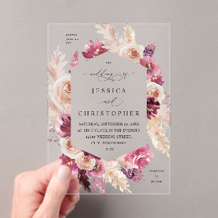 Boho Pink Pampas Grass Floral Wedding Acrylic Invitations