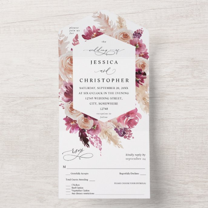 Boho Pink Pampas Grass Floral Wedding All In One Invitation