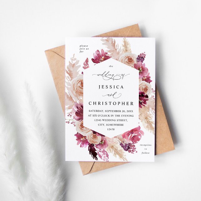 Boho Pink Pampas Grass Floral Wedding  Invitation (Creator Uploaded)