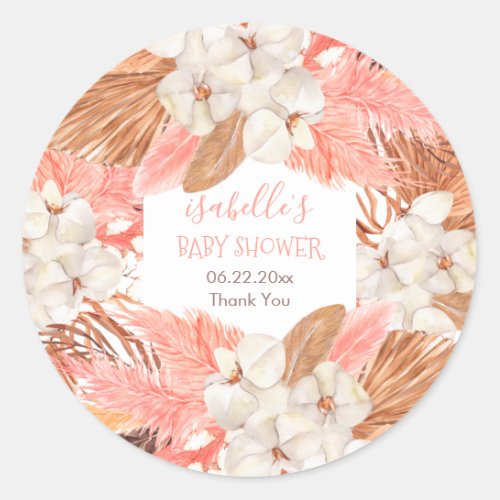 Boho Pink Pampas Grass Orchid Blooms Baby Shower Classic Round Sticker