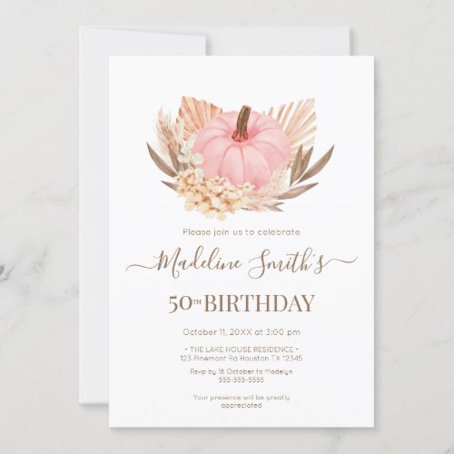 Boho Pink Pampas Grass Pumpkin Birthday Invitation