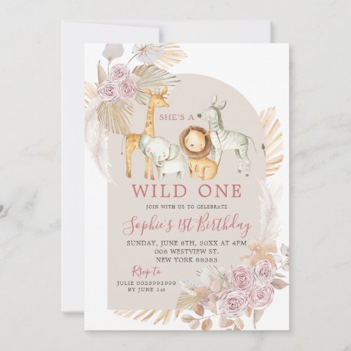 Boho Pink Pampas Grass Wild One Birthday Invitatio Invitation