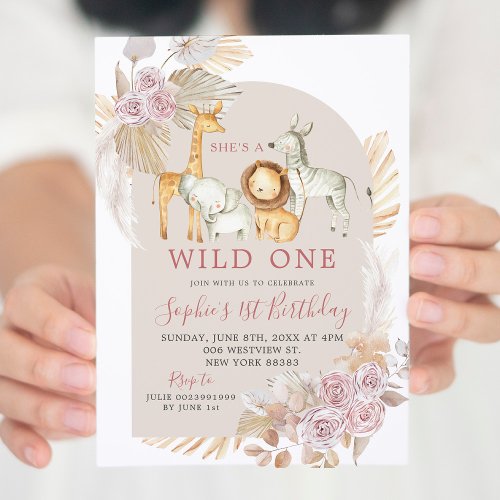 Boho Pink Pampas Grass Wild One Birthday Invitatio Invitation