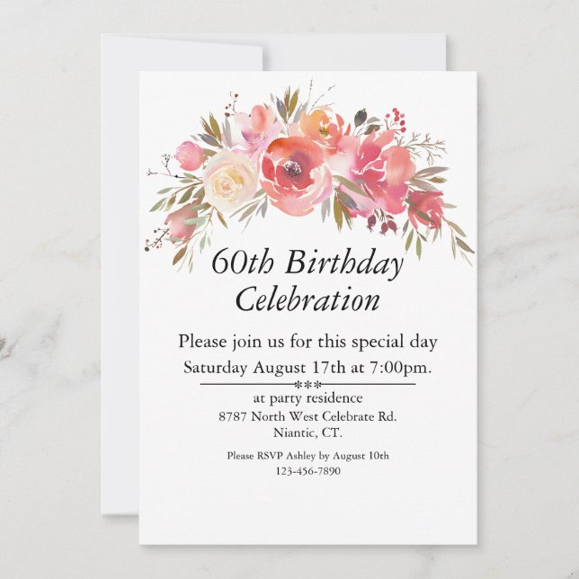 Boho Pink Peach Floral Greenery Customizable 60th  Invitation (Front)