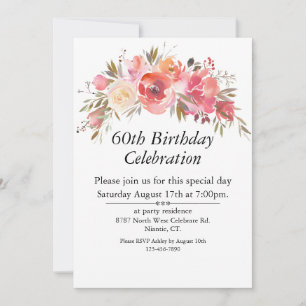 Boho Pink Peach Floral Greenery Customizable 60th  Invitation