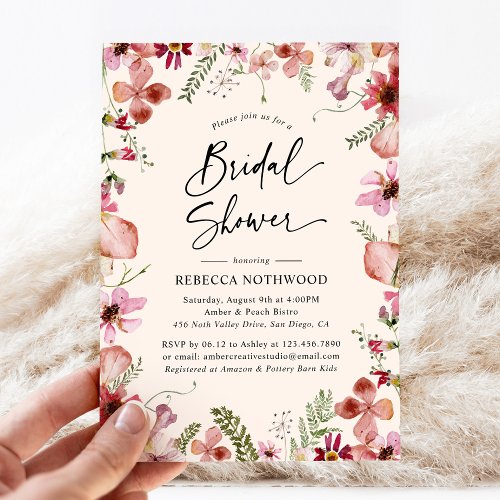 Boho Pink Peach Florals Botanical Bridal Shower Invitation