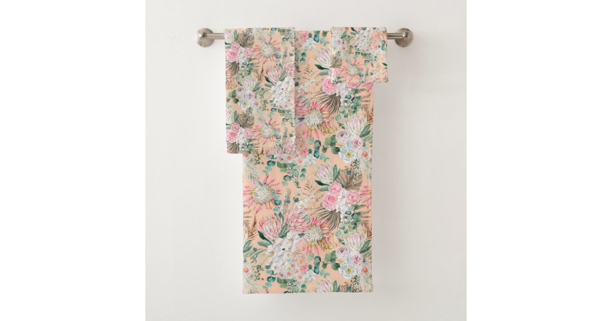 Boho Pink Peach White Floral Eucalyptus Trendy Bath Towel Set Zazzle