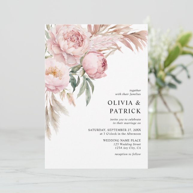 Boho Pink Peonies & Pampas Grass Floral Wedding Invitation (Standing Front)
