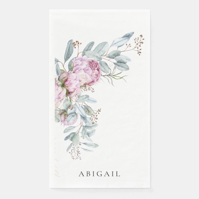 Boho Pink Peonies Personalized Bridal Shower Paper Guest Towels (Front)