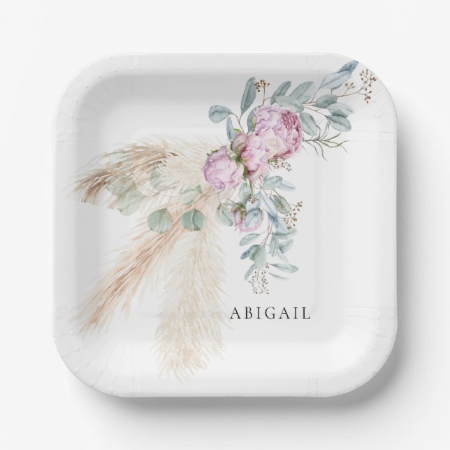 Boho Pink Peonies Personalized Bridal Shower Paper Plates (Front)
