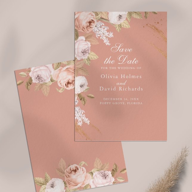 Boho Pink Peonies Save the Date Card (Boho Pink Peonies Save the Date Card on a table)