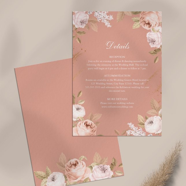 Boho Pink Peonies Wedding Details Card (Boho Pink Peonies Wedding Details Card on white table)