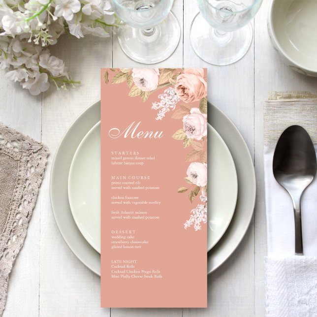 Boho Pink Peonies Wedding Menu Card (Boho Pink Peonies Wedding Menu Card on a boho white wedding dinner table.
)